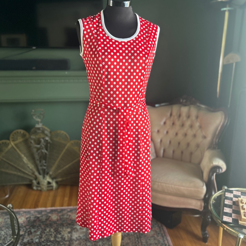 Vintage 1970s Jeunesse by Hennemar Red Sleeveless Polka Dot Dress